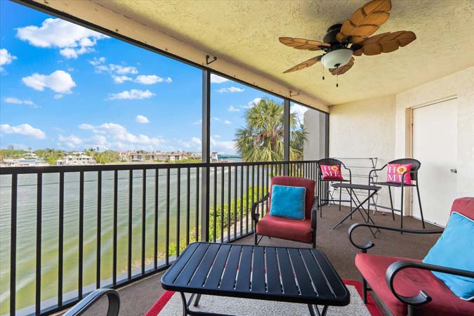 balcony facing sunrise and waterway at Bayview Beauty Siesta Key